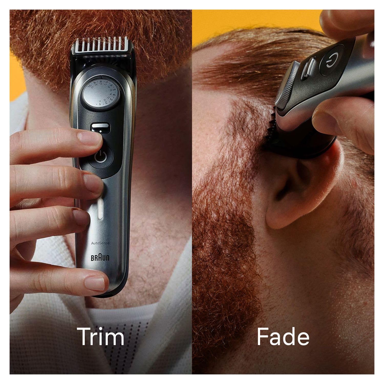 Two images showing the Braun trimmer being used for trimming a beard and fading hair.
