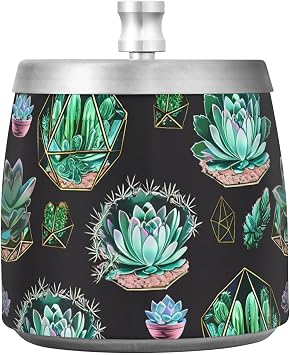Succulents Plant Dark Black Ashtray with Lid Stainless Steel Windproof Large Ashtray for Balcony