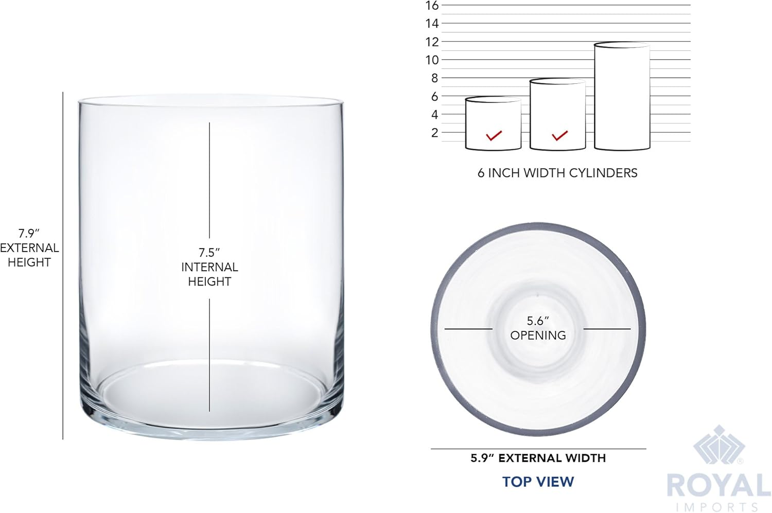 Royal Imports Flower Glass Vase Decorative Centerpiece for Home or Wedding - Cylinder Shape, 8" Tall, 6" Opening, Clear