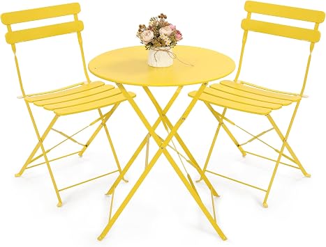 KROFEM Outdoor 3 Piece Patio Bistro Set, Foldable Bistro Set with 2 Folding Chairs and Coffee Table, Space Saving Design Ideal for Balcony and Garden, Yellow