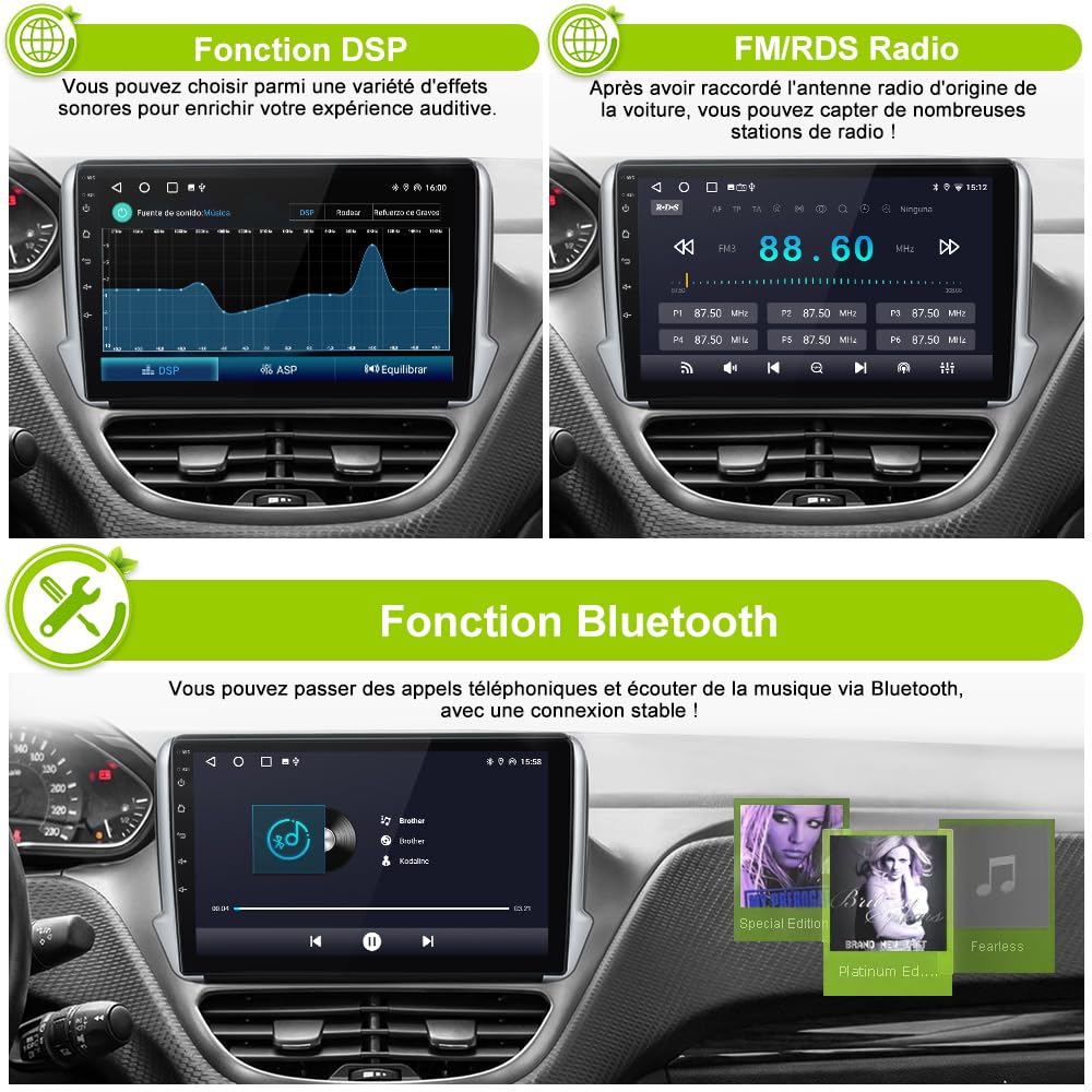 Autoradio Carplay pour Peugeot 208/2008 (2012-2018), Écran 10,1 Pouces 2Go+64Go, CarPlay & Android Auto,GPS WiFi Bluetooth FM, Commandes au Volant, Aide au Parking