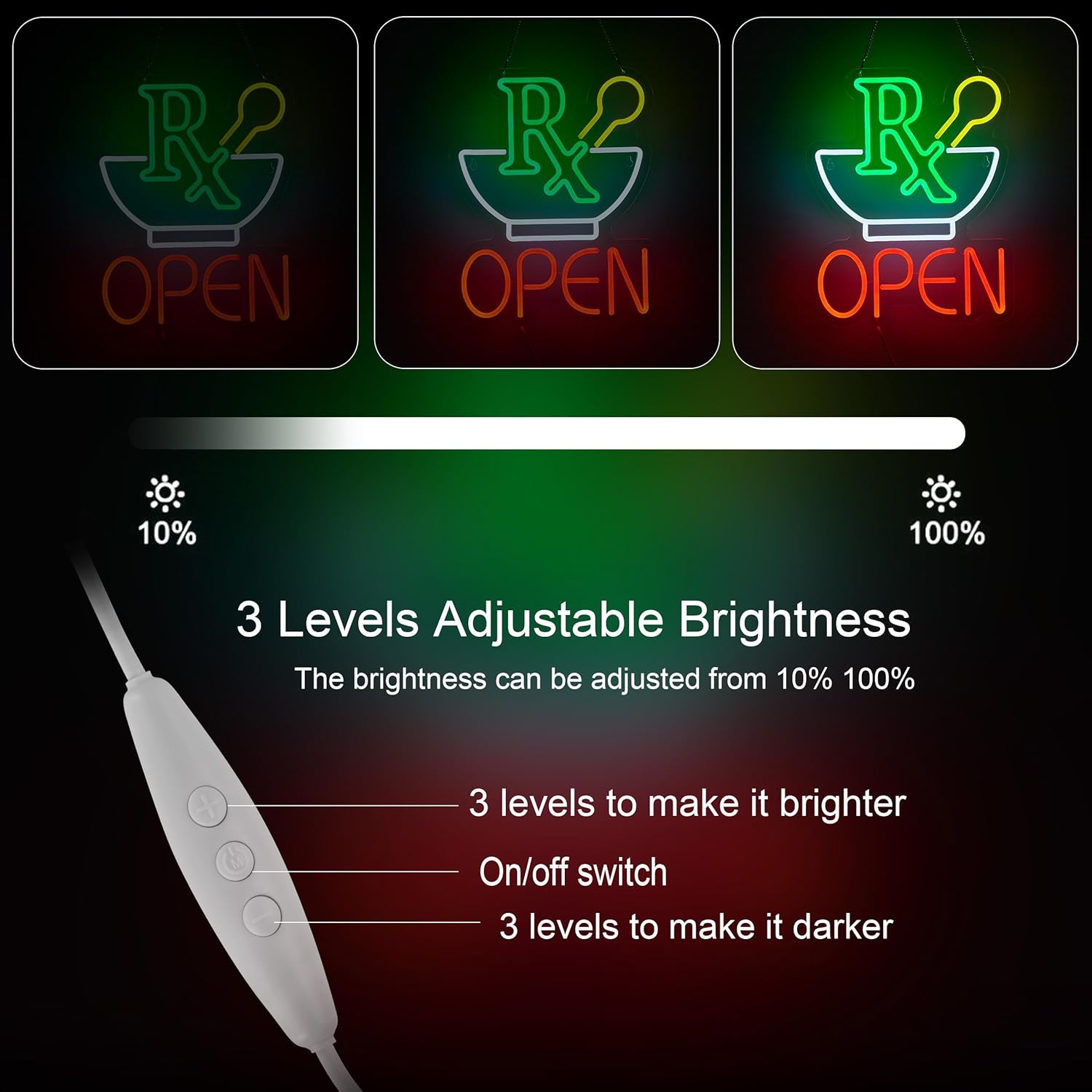 Pharmacy RX Open Neon Sign for Wall Décor Dimmable Business Medicine Shop LED Neon Light USB Powered Neon Art Signs Decor