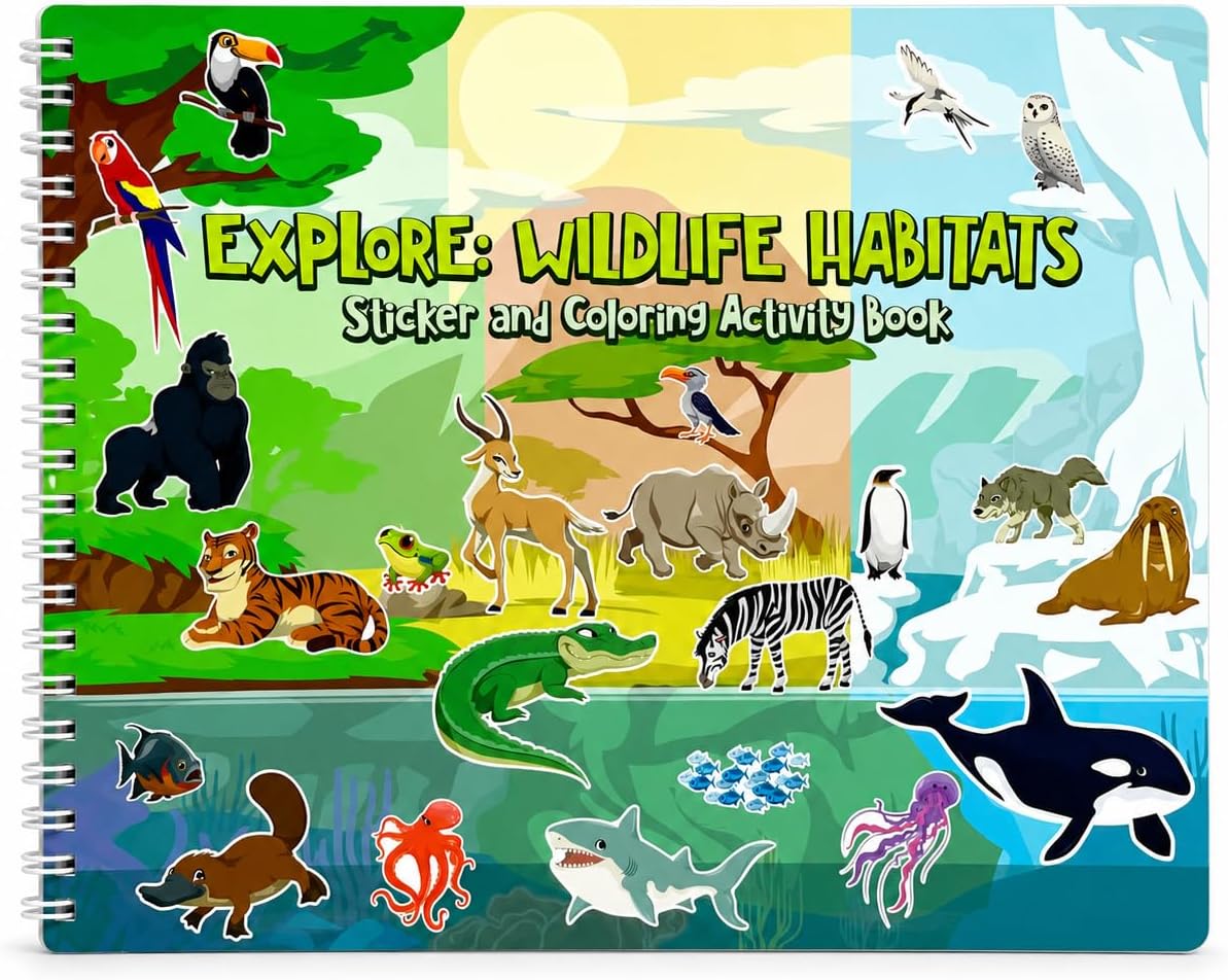 Animal Habitats Sticker and Coloring Book. 9 Habitats with Stickers and Coloring Pages. Engaging, Educational, Interactive, Fun, and Colorful.