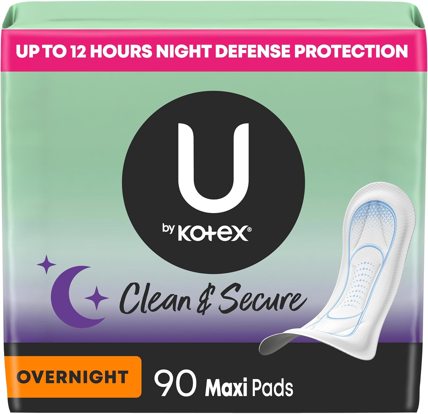 U by Kotex Clean & Secure Overnight Maxi Pads, 90 Count (3 Packs of 30) (Packaging May Vary) Overnight Absorbency 90