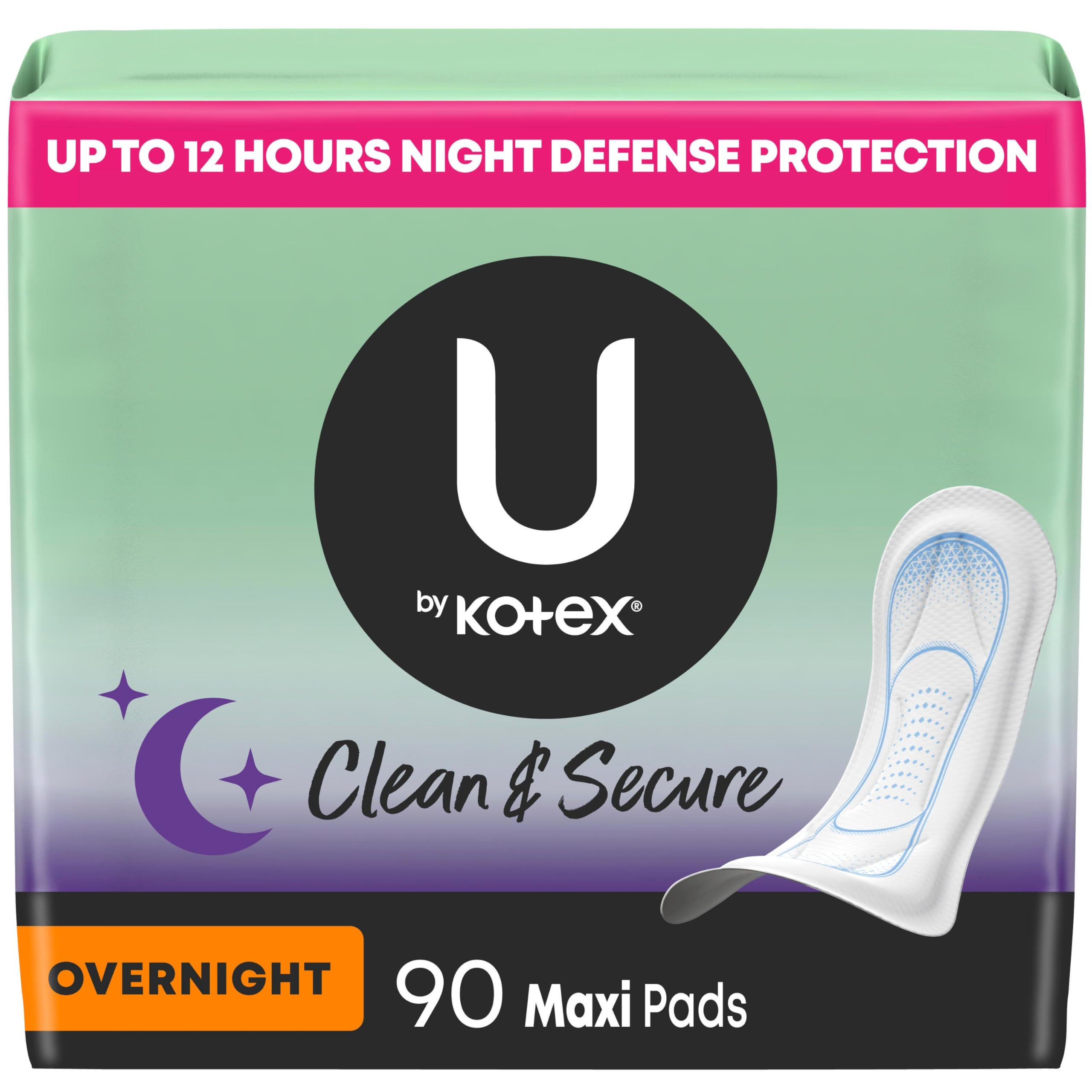 U by KotexClean & Secure Overnight Maxi Pads, 90 Count (3 Packs of 30) (Packaging May Vary)