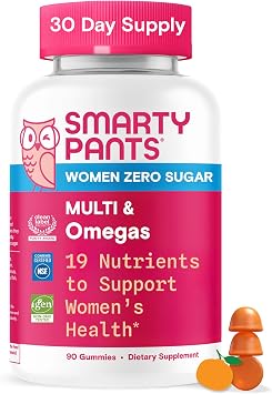 SmartyPants Womens Zero Sugar Multi & Omegas Multivitamin Gummies with Biotin, Methylfolate, Omega 3 ALA, Vitamins D3, C, B12, Clean Label, No Sugar Alcohols, Orange Flavor, 90 Count 30 Day Supply