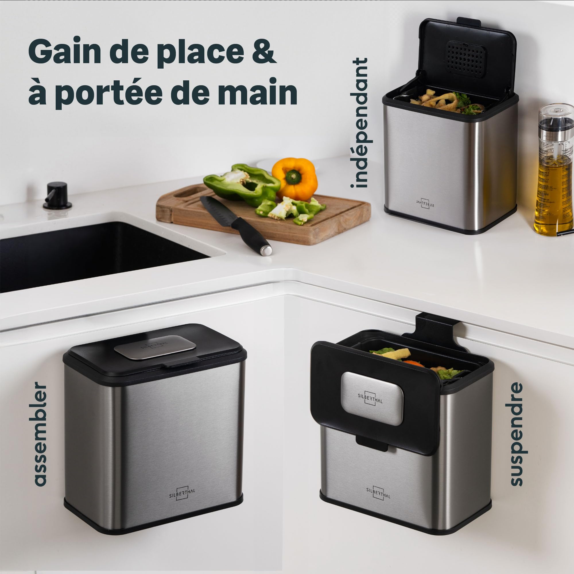 SILBERTHAL Petite Poubelle de Table INOX 4L - Bac à Compost | 4 filtres inclus, avec couvercle, sans odeur ni insectes