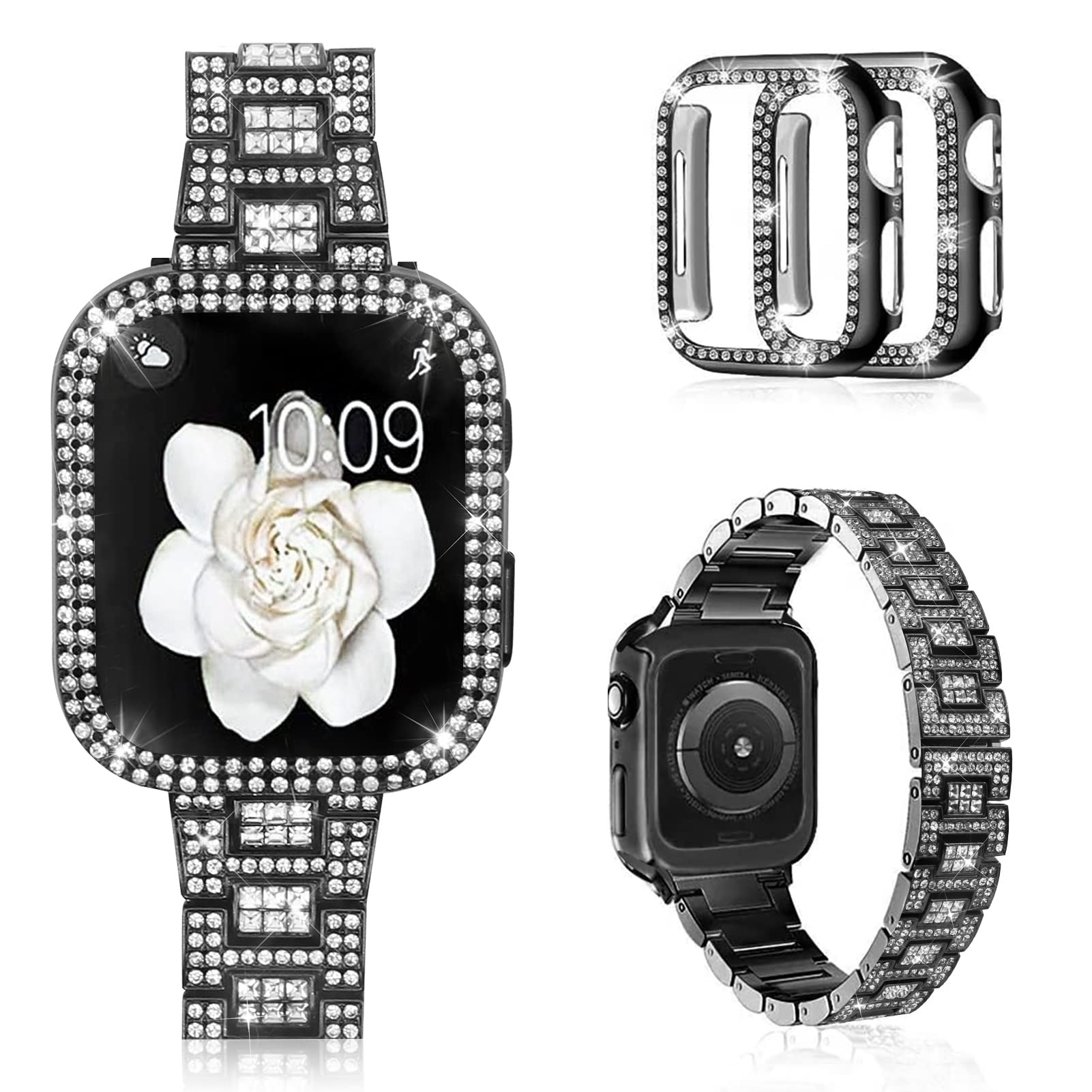 Mosonio Compatible with Apple Watch Band 38mm with Case Women, Bling Metal Wristband Strap with 2 Pack Bling PC Protective Cover for iWatch Series 3/2/1(38mm, Black)