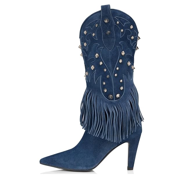 Suede Cowboy Boots for Women Western Fringe Studded Knee High Boots Embroidered Pointed Toe High Heel Pull On