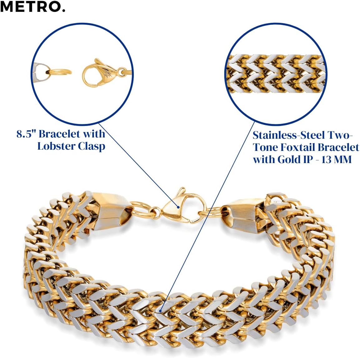 Metro Jewelry Two Tone Foxtail Chain Bracelet for Men in Stainless Steel with Yellow Gold Ion Plating - 8.5 Inches Long 13 mm Wide with Lobster Claw - Image 6