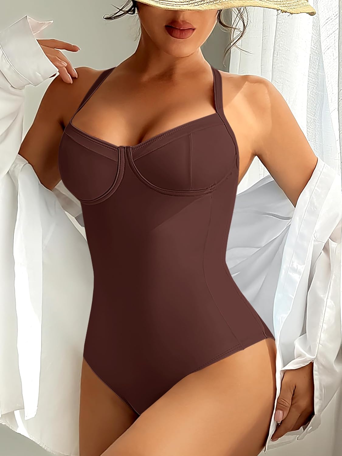 ANRABESS Womens One Piece Swimsuit Slimming Color Block Bathing Suit Full Coverage Swimwear 2026 Beach Vacation Clothes Brown Large - Image 3
