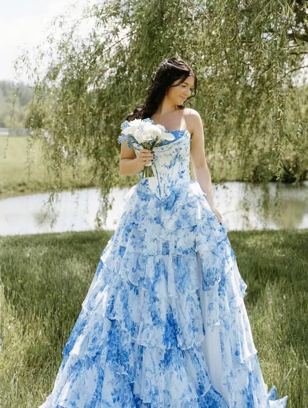 MisShow Corset Ruffle Prom Dresses for Women 2026 Strapless Chiffon Tiered Long Formal Evening Party Gown with Slit - Image 7