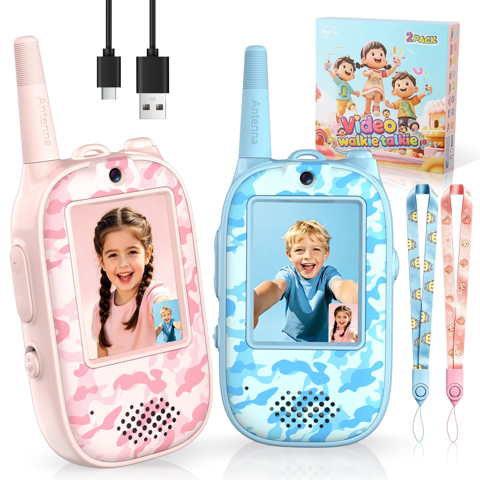 JUAUO Video Walkie Talkies for Kids, Rechargeable 2 Pack Camo Design