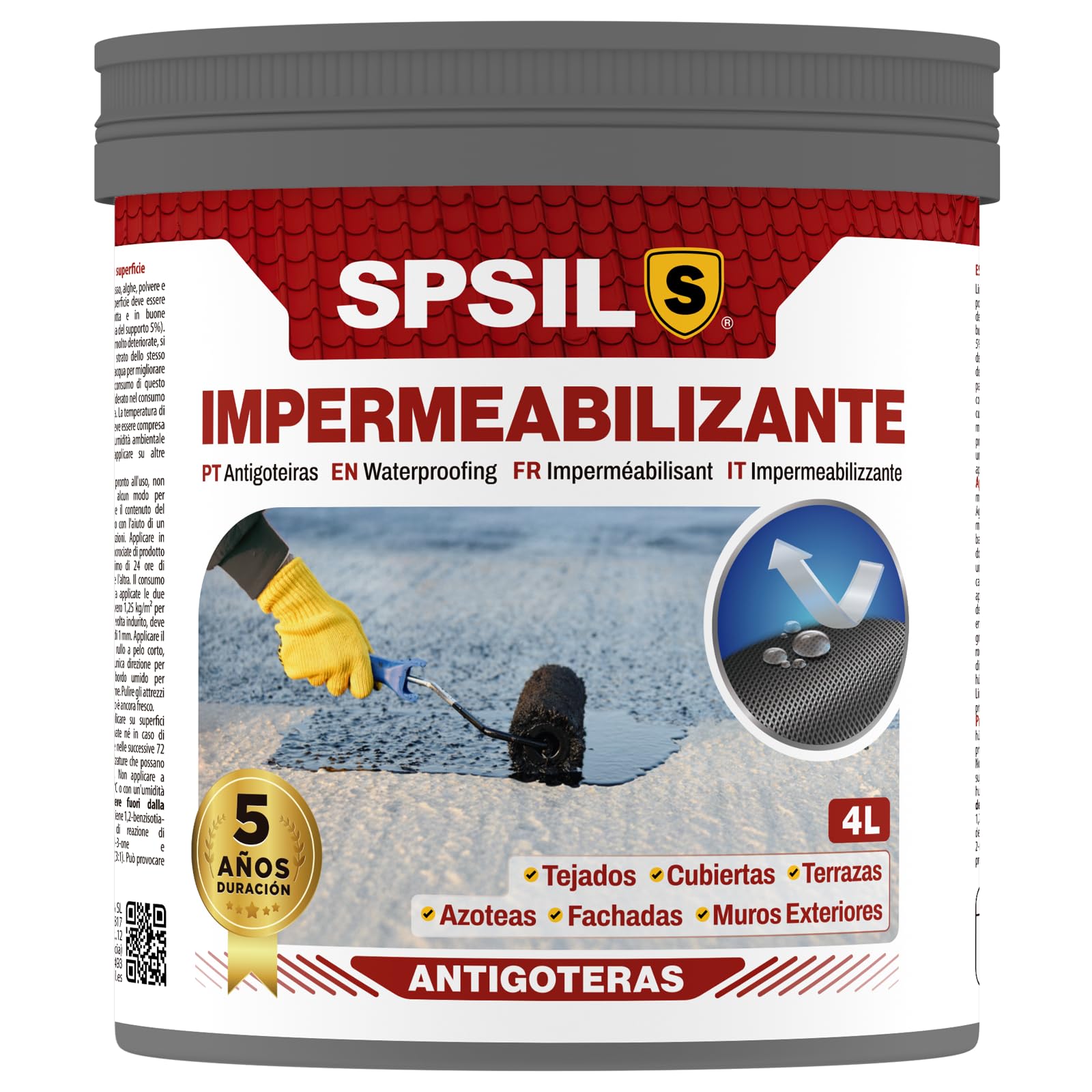 SPSIL Pintura Impermeabilizante Transparente - Previene las filtraciones de agua - Para Tejados, Cubiertas, Terrazas, Azoteas, Fachadas y Muros Exteriores (4 L) (Transparente, 4000 ml)