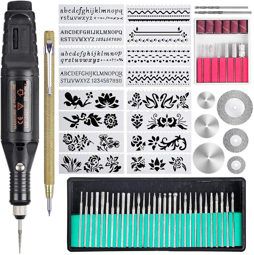 RASHION 70 Pcs Engraving Tool Kit, Multi-Functional Electric Corded Engraver Pen DIY Rotary Tool for Jewelry Glass Wood Metal Ceramic Plastic with Scribe, 52 Accessories and 16 Stencils (Black)