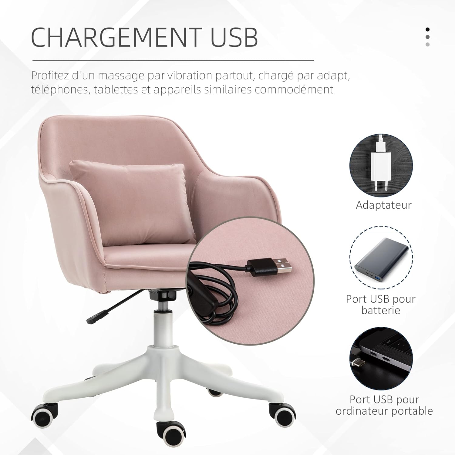 Image showing the lumbar massage cushion with two vibration points highlighted on the HOMCOM office chair, along with a diagram of ergonomic back support.