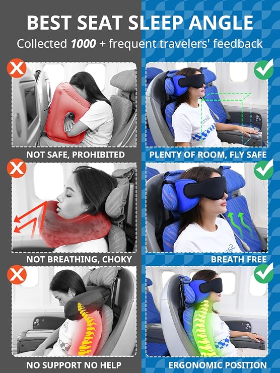 SARISUN Travel Pillows for Airplanes with Sleep Eye Mask, Chin Strap, Airplane Pillow for Long Flights, Car Road Trip, 360 Support Headrest, Stop Bobblehead Travel Essential, Mottled Grey