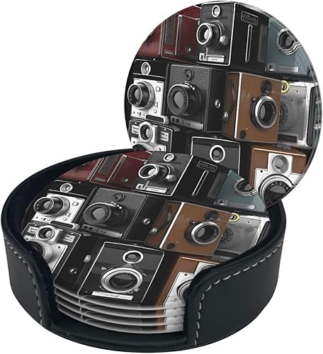 Miniatura 9 de Retro Cool Camera Collection Coasters Set of 6 with Holder Non-Slip Leather Coaster for Drinks Round Drink Coaster for Tabletop Protection, Cup Mat