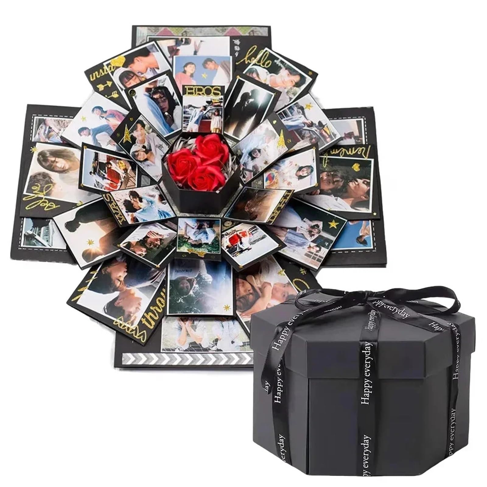 2 Set Di Scatole for Album Fotografici Esagonali Fai-da-te Per Feste | Scrapbook Bella sorpresa Esplosione Coppia Scatola Amore Memoria Anniversario San Valentino(Black)
