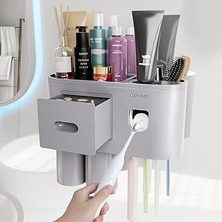 Toothbrush Holders for Bathroom, with Automatic Toothpaste Squeezer Dispenser, is Wall Mounted Bathroom Accessories Organizer, for Kids & Family Shower Decor. (Grey 2 Cup)