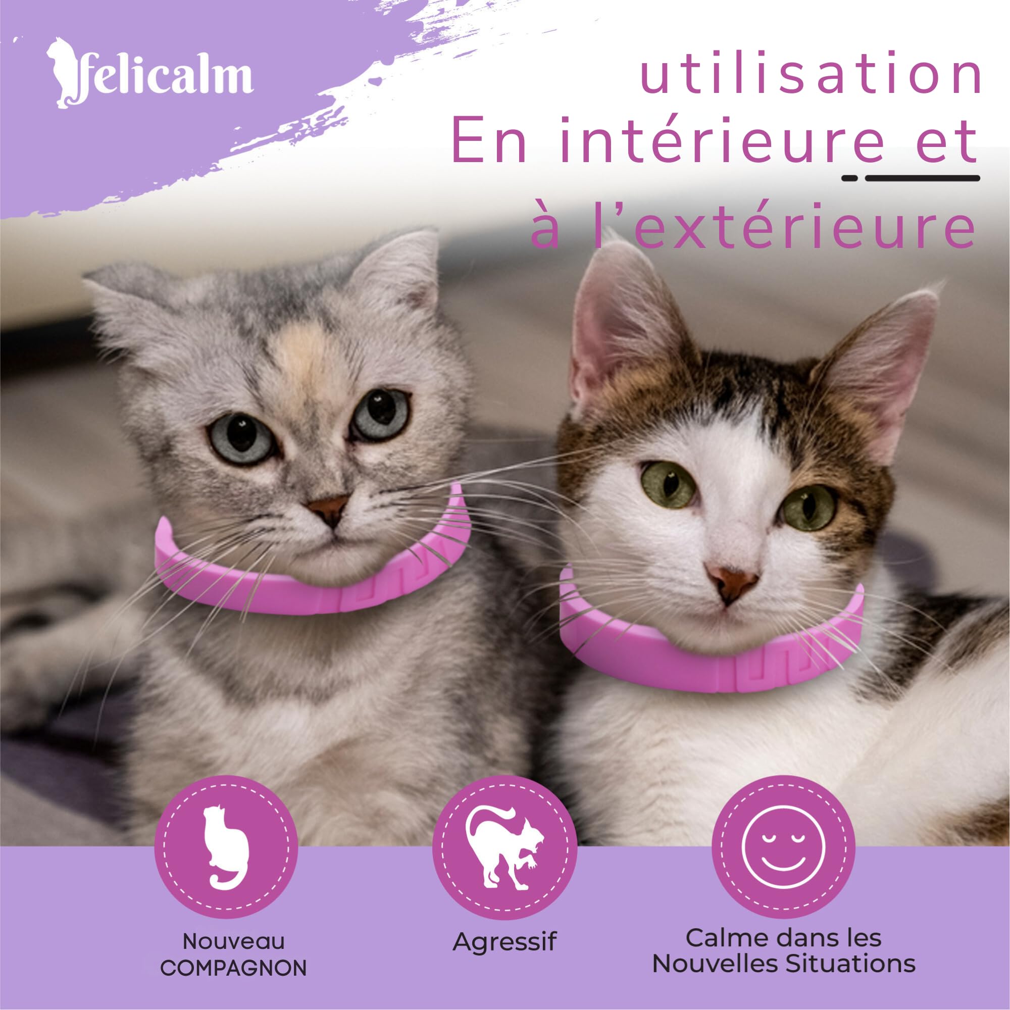 Félicalm Paris/Colliers à la VALERIANE+ PHEROMONE/Anti-Stress pour Chat et Chaton/PHEROMONE féline+ VALERIANE +Camomille+Lavande/ 2 Colliers Actifs 60 Jours