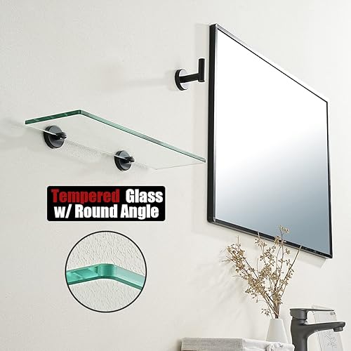 Miniatura 6 de JQK Estante de vidrio para baño negro, almacenamiento de ducha de vidrio templado de 16 x 5 pulgadas, montaje en pared negro mate de acero