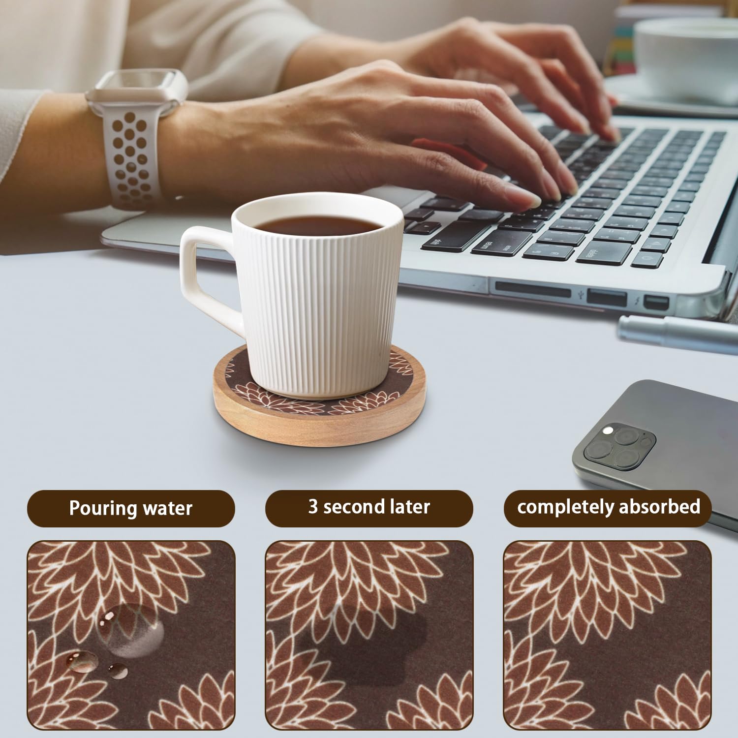 Juego de 6 posavasos de madera con soporte, alfombrilla Cewiru para bebidas, posavasos absorbentes con inserto de fieltro para protección de mesa de café, estilo moderno, decoración de mesa de comedor