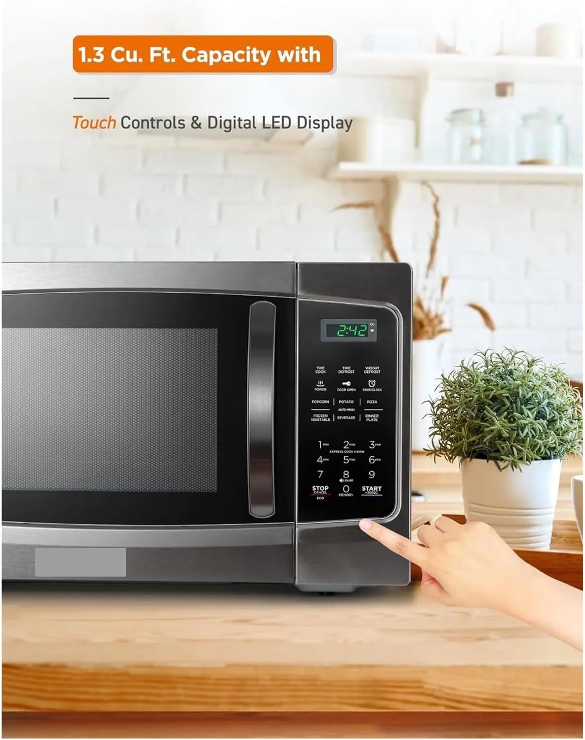 1.3 Cu Ft 1000W Countertop Microwave With 10 Power Levels, Digital Timer, Pull Handle Door Lock, Stainless Steel