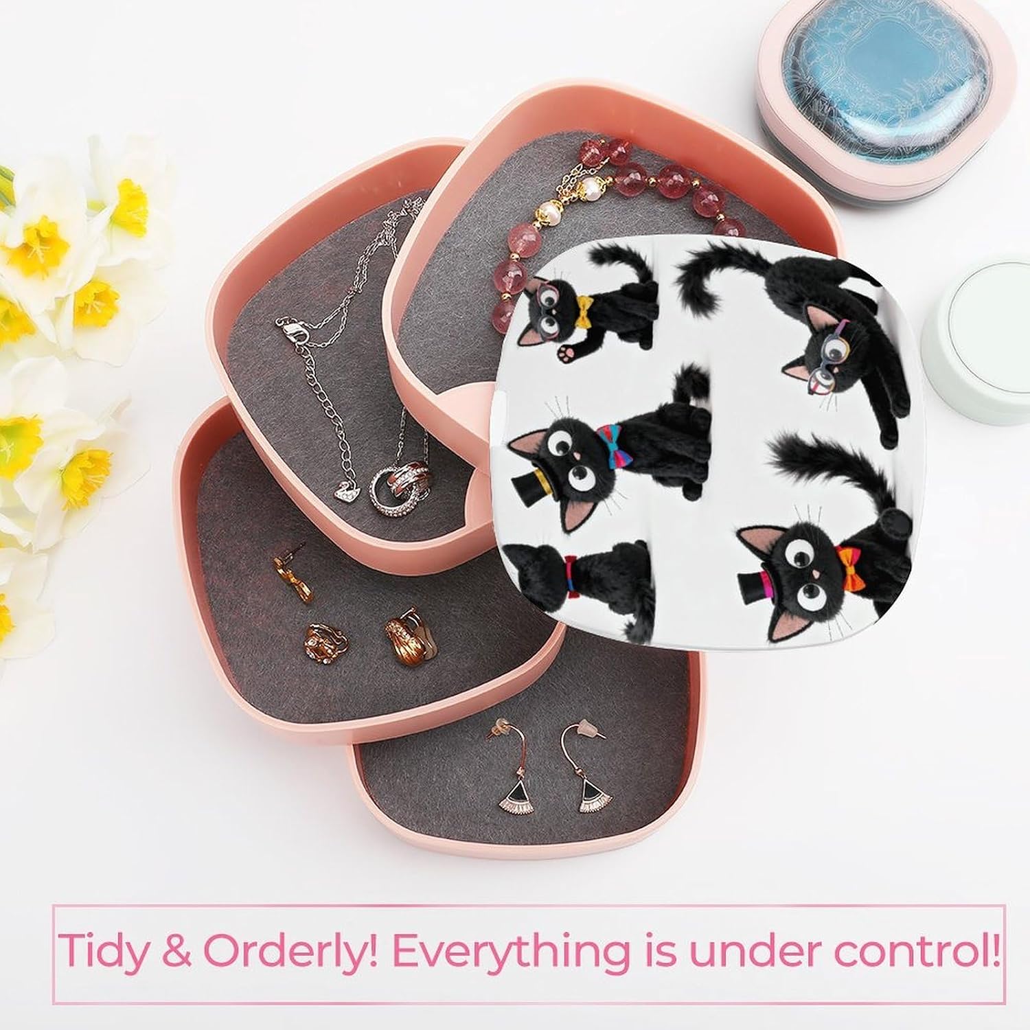 Black Novelty Cats Jewelry Box 360° Rotatable Jewelry Organizer 4 Layers Jewelry Case with Lid Fashion Portable Earring Holder for Bracelets Rings Bracelets Vanity image 5