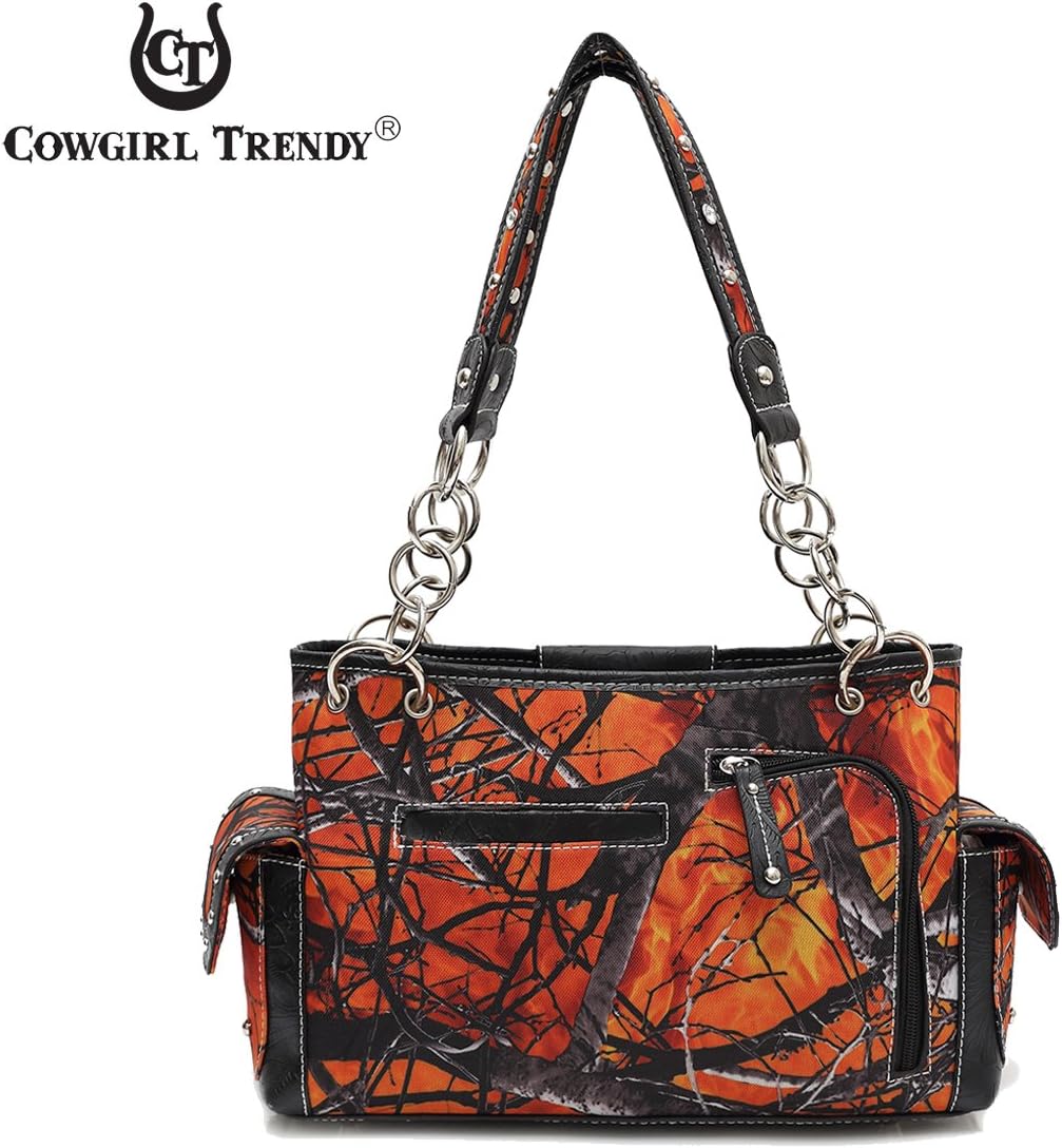 Western Style Camouflage Belt Buckle Rhinestone Concealed Carry Purse Women Handbag Country Shoulder Bag (Fire)