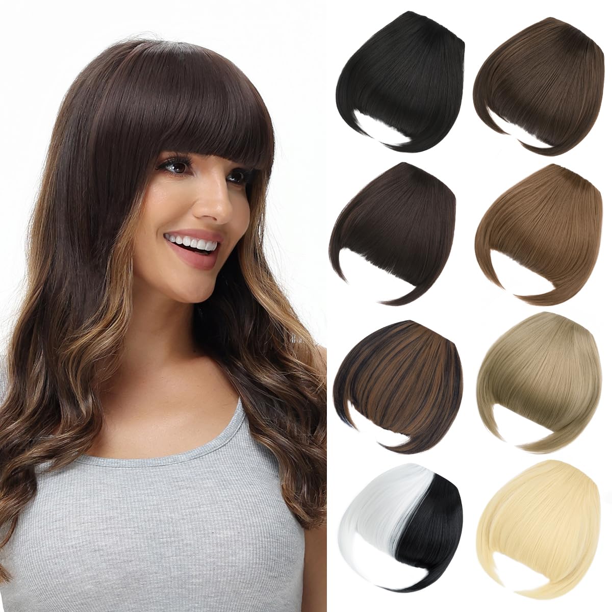 BUYOGET Clip in Fringe Hair Extension Natural Brown Mix Black Straight Fake fringe Clip on Bangs Hair Clip for Women