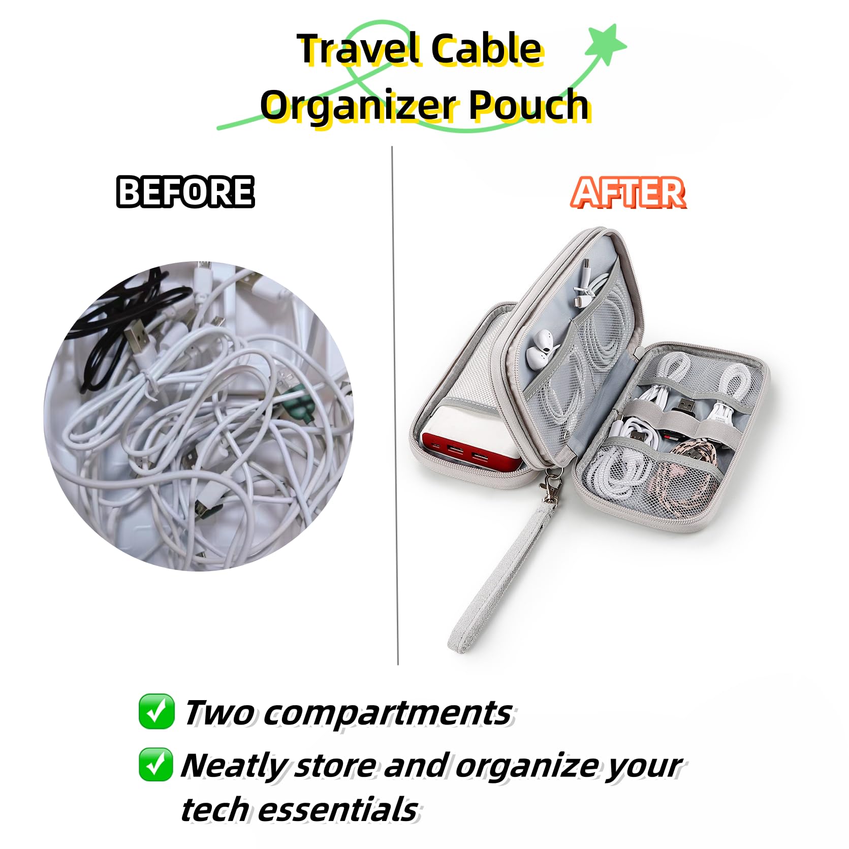 NQQNQQ Travel Cable Organizer Pouch - Upgraded Waterproof Portable Double-Layer Electronic Accessories Storage Bag for Cords, Chargers, Phones, Earphones - All-in-One Tech Carry Case. B-D2 (Black)