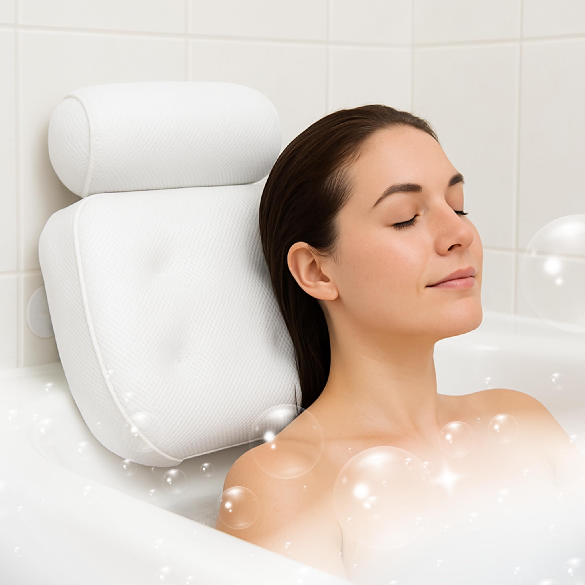 Luxury Bath Pillow Waterproof Air Mesh Bath Cushion with Suction Cups for Head and Neck | Ergonomic Bathtub Pillows Home Spa and Hot Tub Headrest | Bathing Accessories (Single) | White