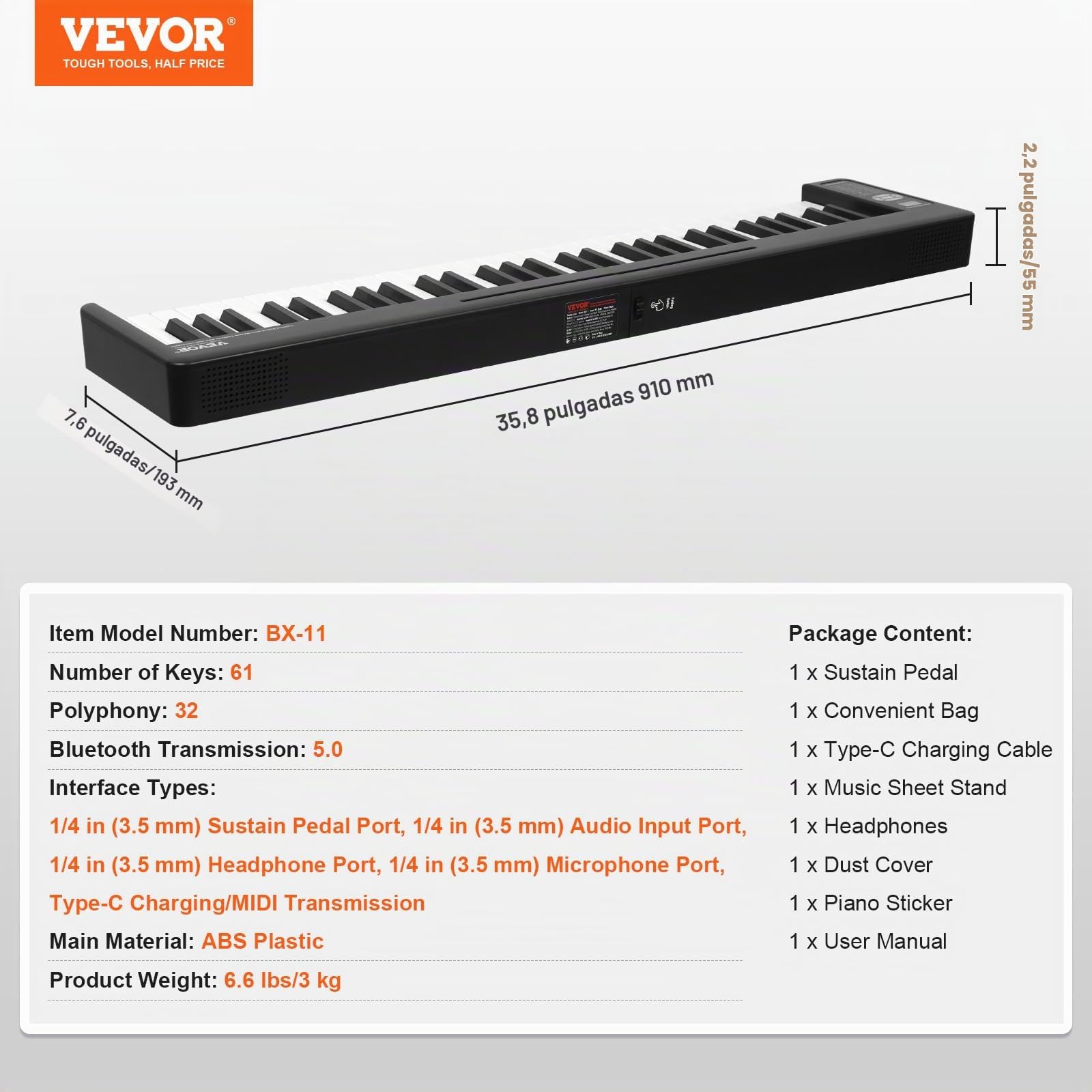 VEVOR Teclado de Piano Plegable 61 Teclas Bluetooth y MIDI Piano Electrónico Digital Portátil con Pedal de Sostenido Teclas Iluminadas Recargable para Principiantes, Adolescentes, Adultos, Negro