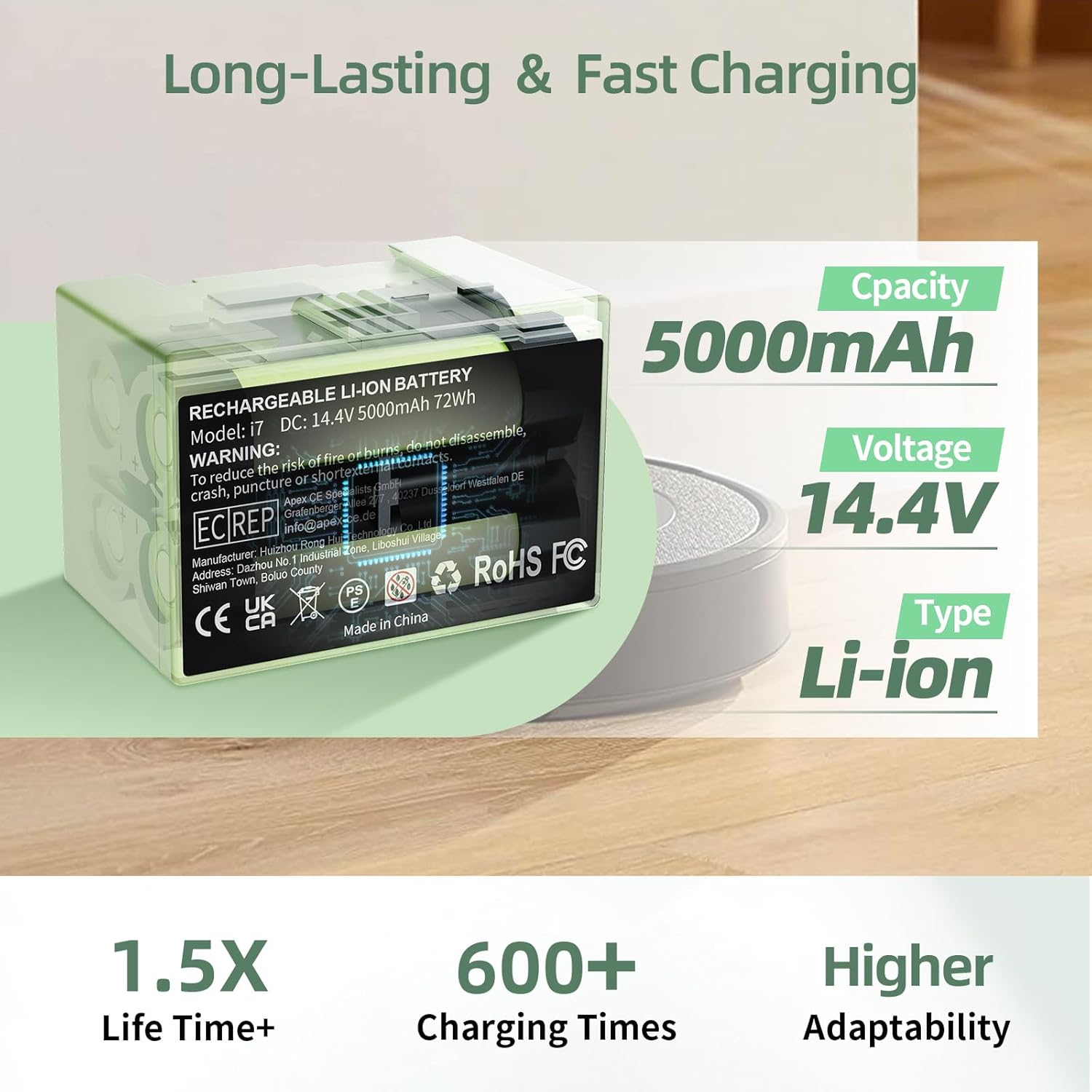 High-Capacity 5000mAh Battery for Roomba i7
