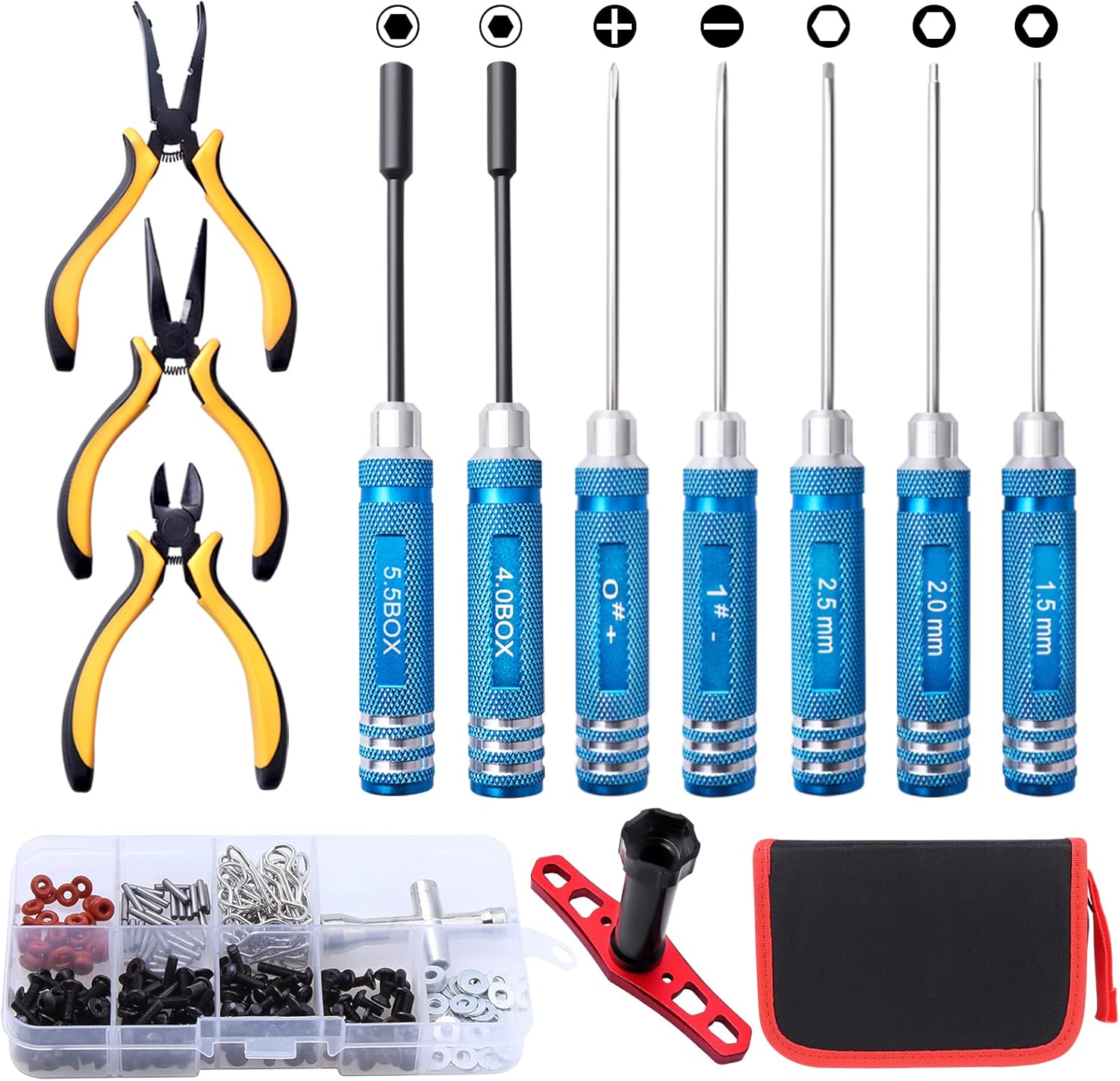 13-in-1 RC Tools Kits Box Set, RC Screw Kit, Hex Phillips Flat Nut Drivers, Pliers, Wrench, Repair Tools Screwdriver Set for Traxxas Arrma Axial Redcat Losi RC Model Car Drone Boat