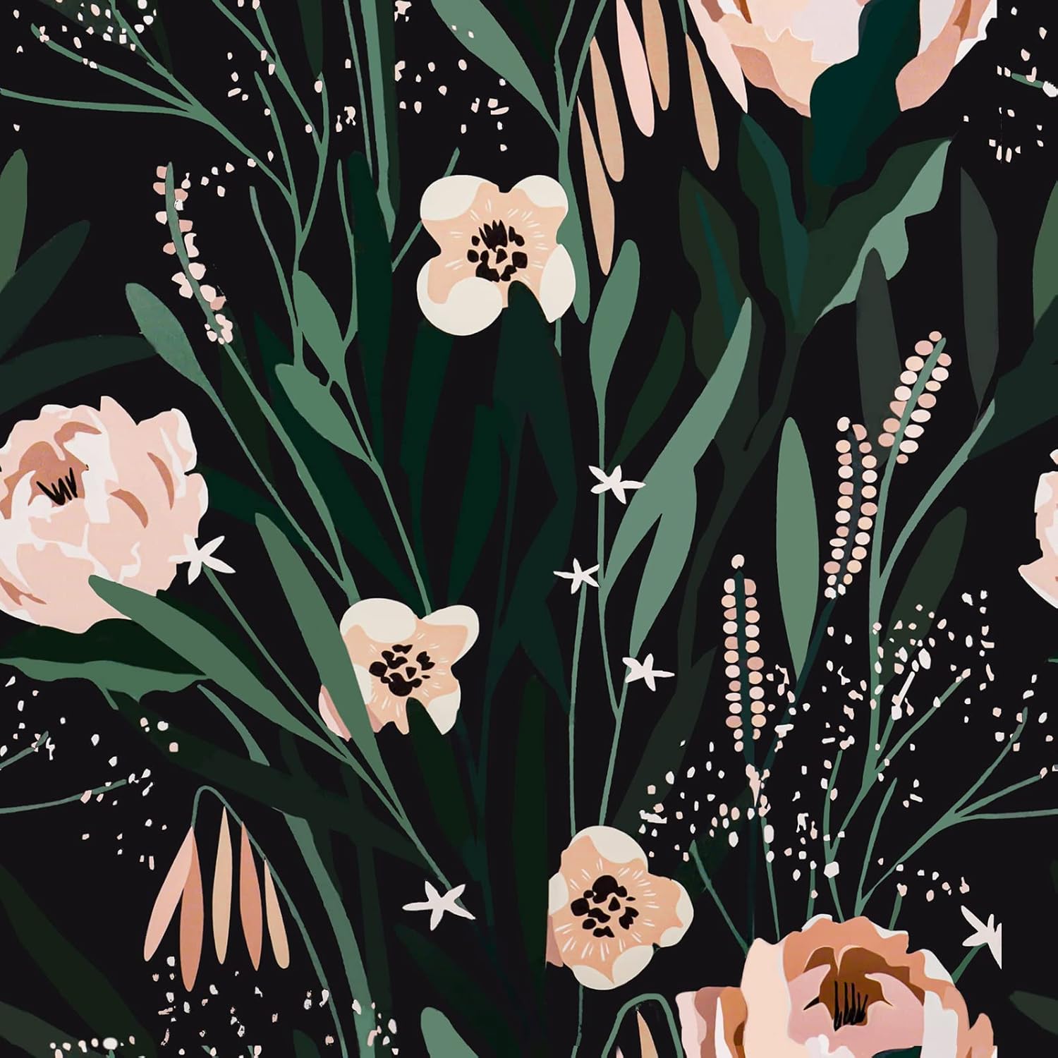 VaryPaper Black Green Pink Floral Wallpaper 17.7''x118'' Flower Peel and Stick Wallpaper Self Adhesive Vinyl Roll Removable Decorative Floral Contact Paper for Bedroom Wall Decor Cabinets Shelf Liners