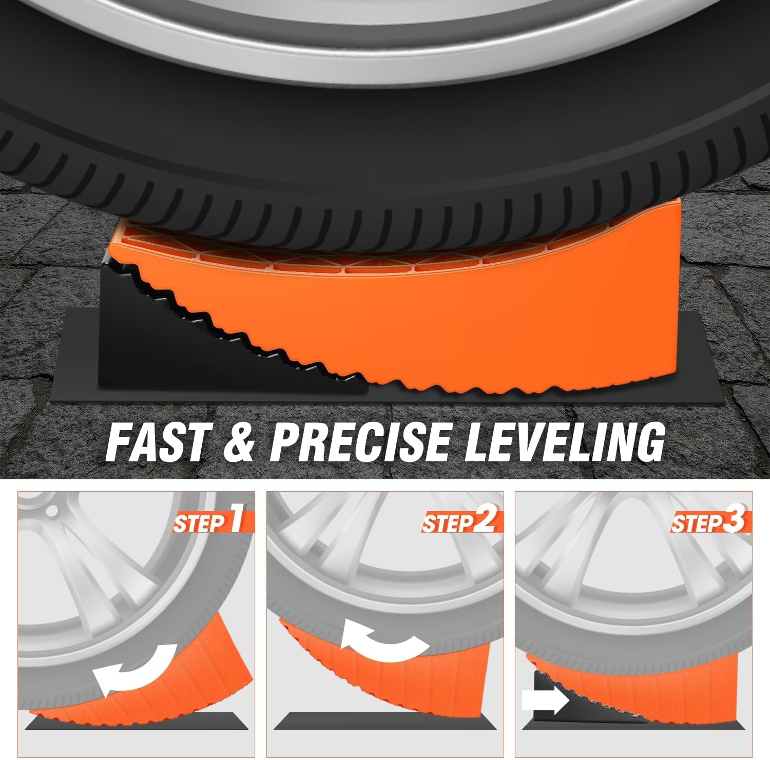 DNA Motoring 2 Packs Large Leveling Ramp for RV Camper Travel Trailer, Heavy Duty & Upgraded Up to 27000 lbs, Curved RV Levelers with 2 Mat, Carry Bag, Easier & Faster to Level, Orange, TOOLS-00705