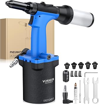 Self-Suction Pneumatic Rivet Gun Kit 3/32", 1/8", 5/32", 3/16", 1/4" Lightweight Air Riveter Pulling pressure 3086 lbf with Extra jaws, Air inlet NPT 1/8"