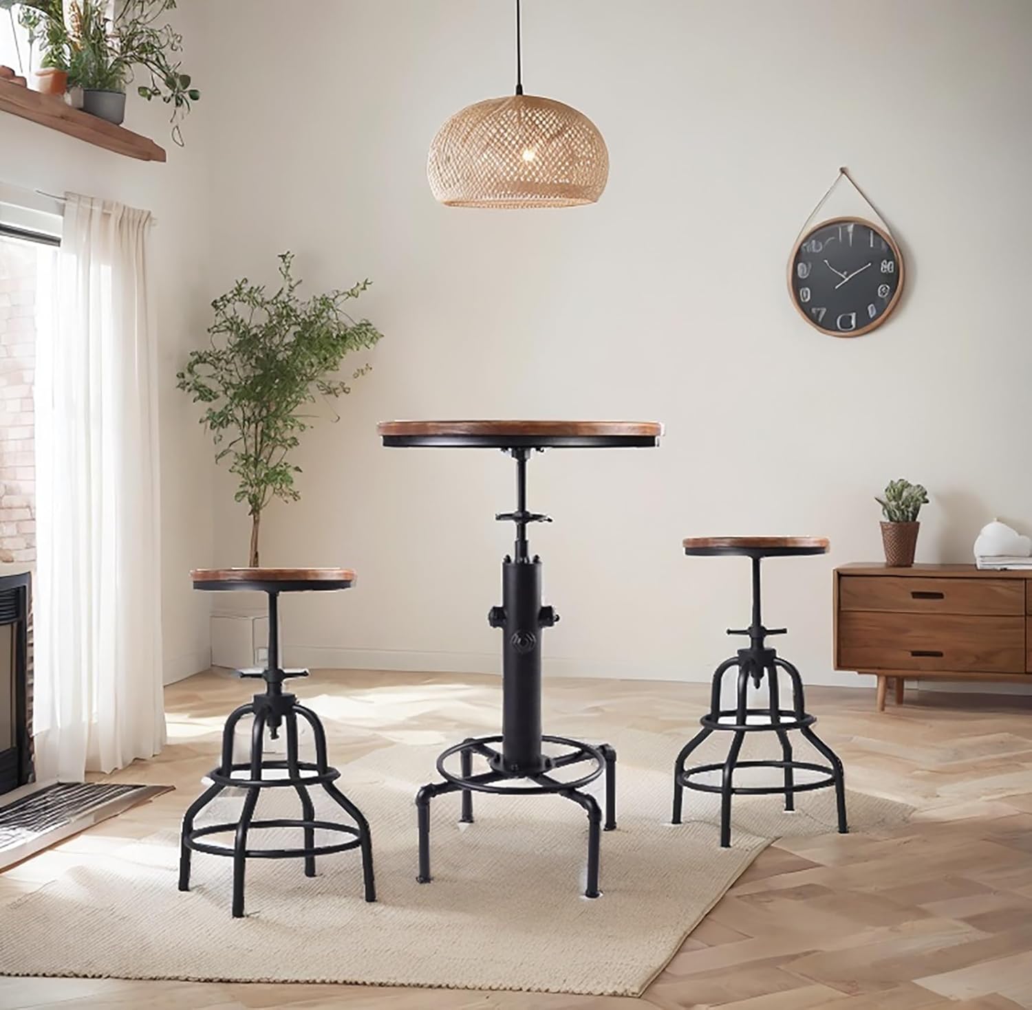 3-Piece Fire Hydrant Table & Chair Sets for Pub Bar Bistro Cocktail, Weld Metal Legs Round Wood Top, Rustic Brown Industrial Black Adjustable Swivel (1×32.3"-36.2" Table, 2×20"-27" Backless Stool)