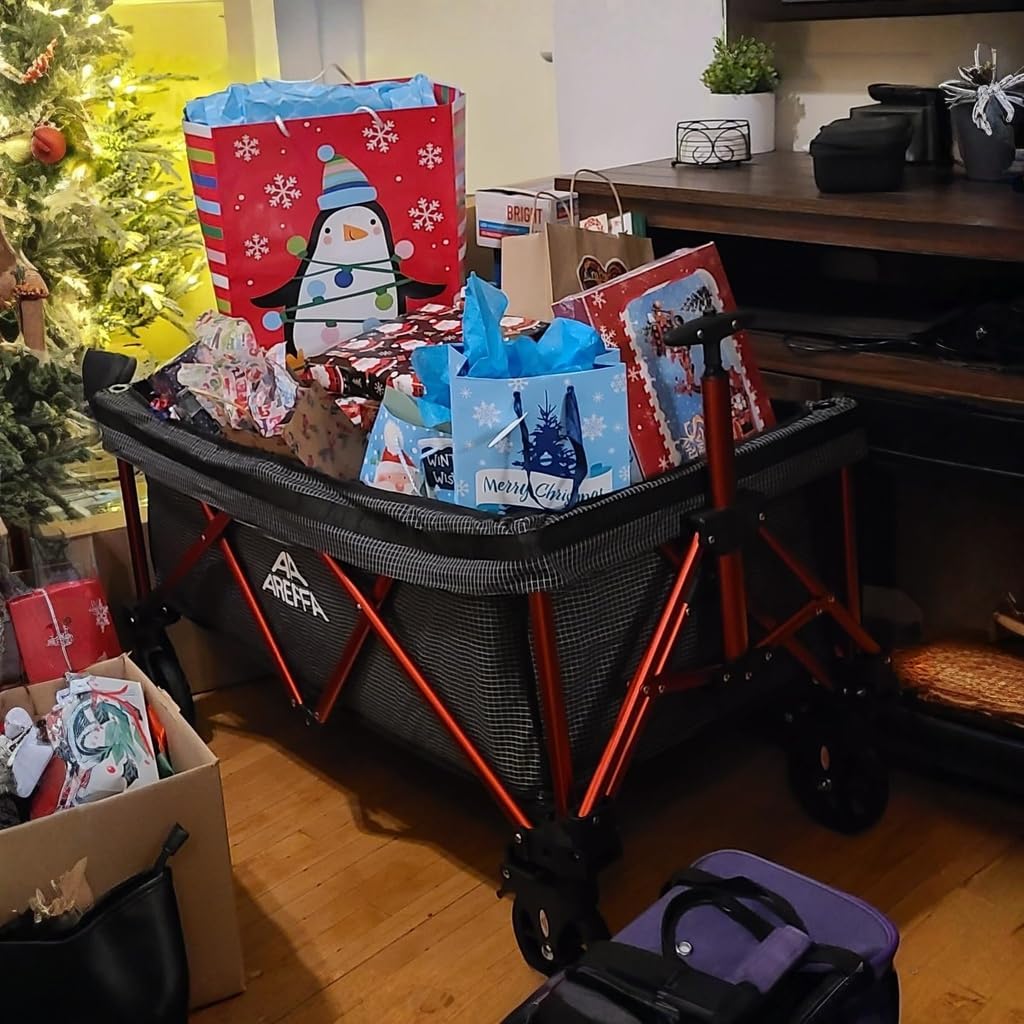 AREFFA Folding Pull Wagon for Kids&Gear–Heavy Duty Collapsible Cart, All-Terrain Wheels, for Camping, RV Trips, Beach, Garden, Outdoor Use, Supports 330 lbs