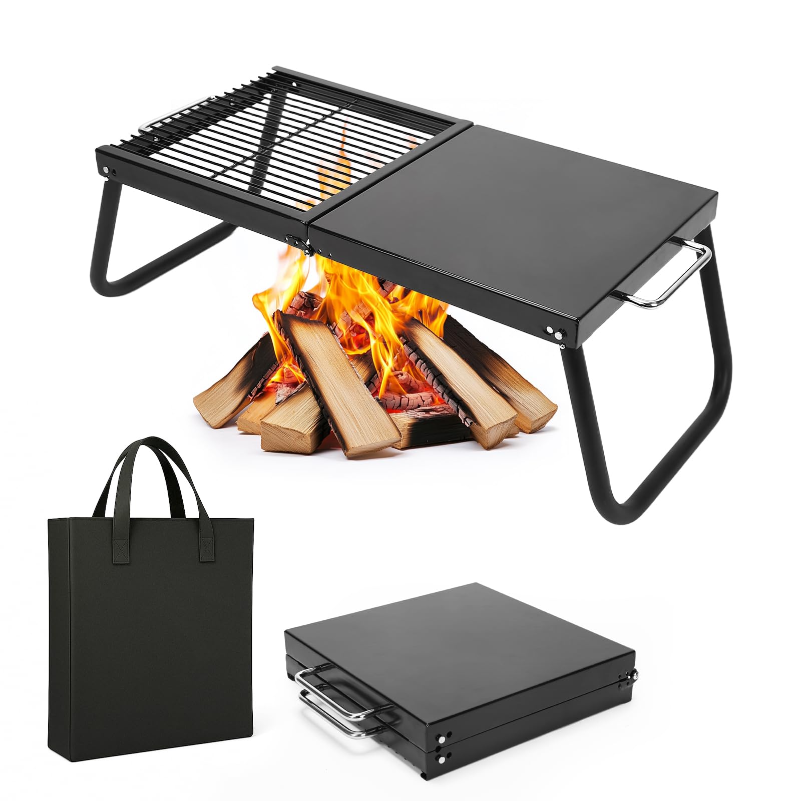 GRILL FORCE Folding Campfire Grill,Enameled Coating Grate, Heavy Duty Camp Grill Grate, Portable Camping Grates Over Fire Pit, Campfire Grill Cooking Equipment with Carrying Bag for Outdoor Cooking