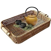 Rectangle Rattan Tray Imitation Rattan Wooden Handle Rectangle Lightweight