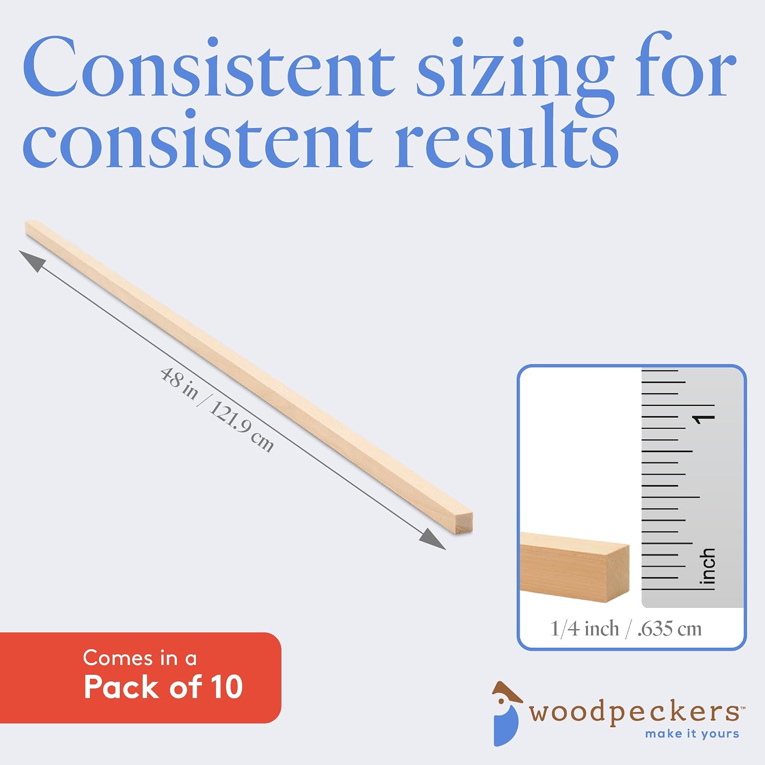 DIY Wooden Square Dowel Rod 1/4-inch x 48 Pack of 10 Hobby Wood Sticks for Crafts, Wood Trim & Architecture Model Making, by Woodpeckers