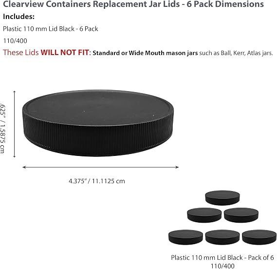 110mm Black Plastic 6 Pack Replacement Lids with Leak Proof Liner - 110/400 Plastic Replacement Lids (6pk, Black Lids)