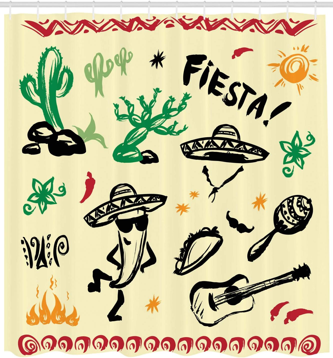 Ambesonne Mexican Shower Curtain, Popular Hispanic Cartoon Objects with Fiesta Taco Guitar Cactus Plant Nachos Print, Cloth Fabric Bathroom Decor Set with Hooks, 69" W x 70" L, Cream Multicolor