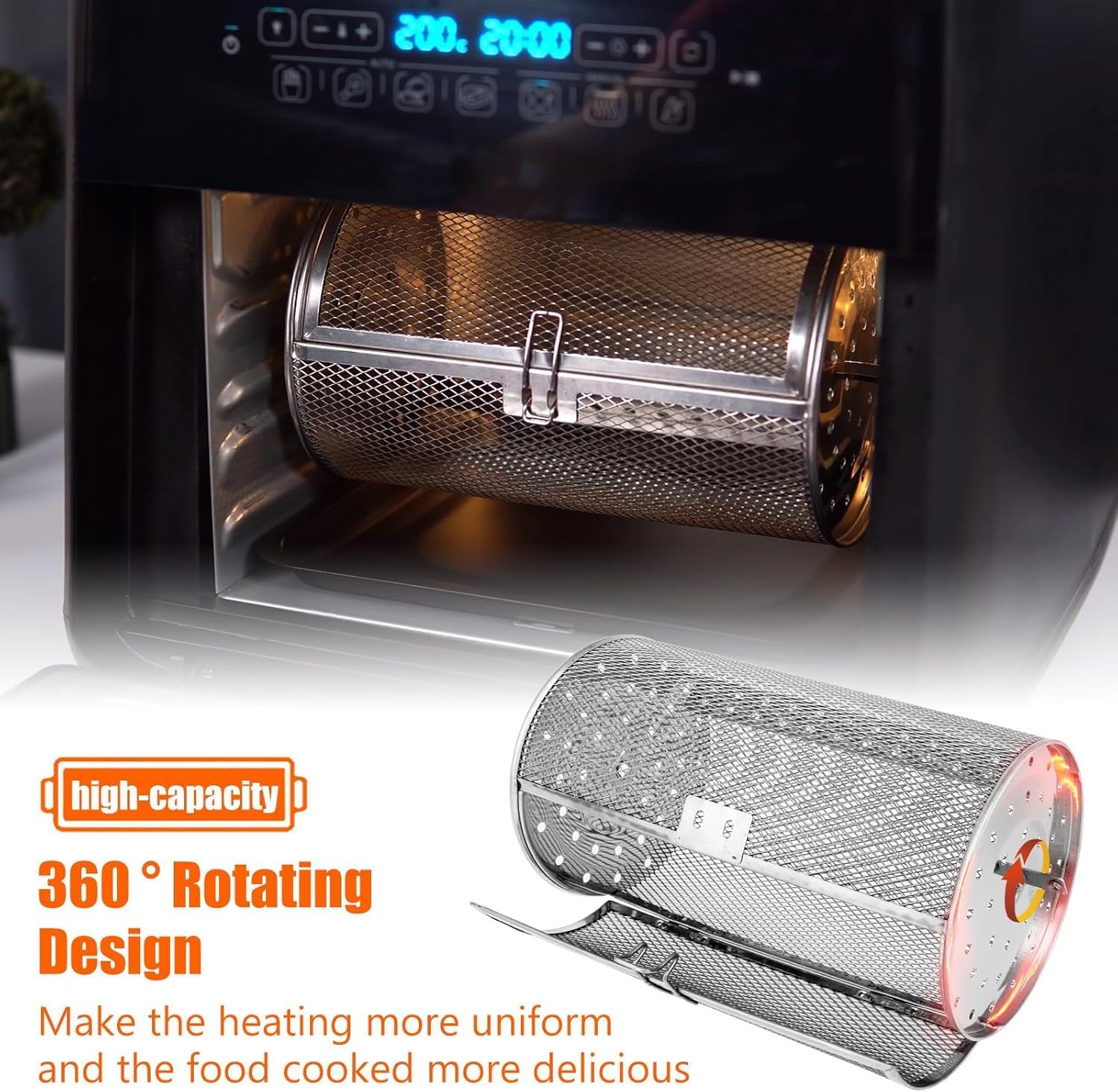 Rotatable Grilled Cage Air Fryer Oven Basket,360 Degree Heating Rotating Cages Rotisserie Basket for Baking Nuts, Coffee Beans, Peanut or BBQ Roaster Tool, Food Grade Stainless Steel (180mm*300mm)