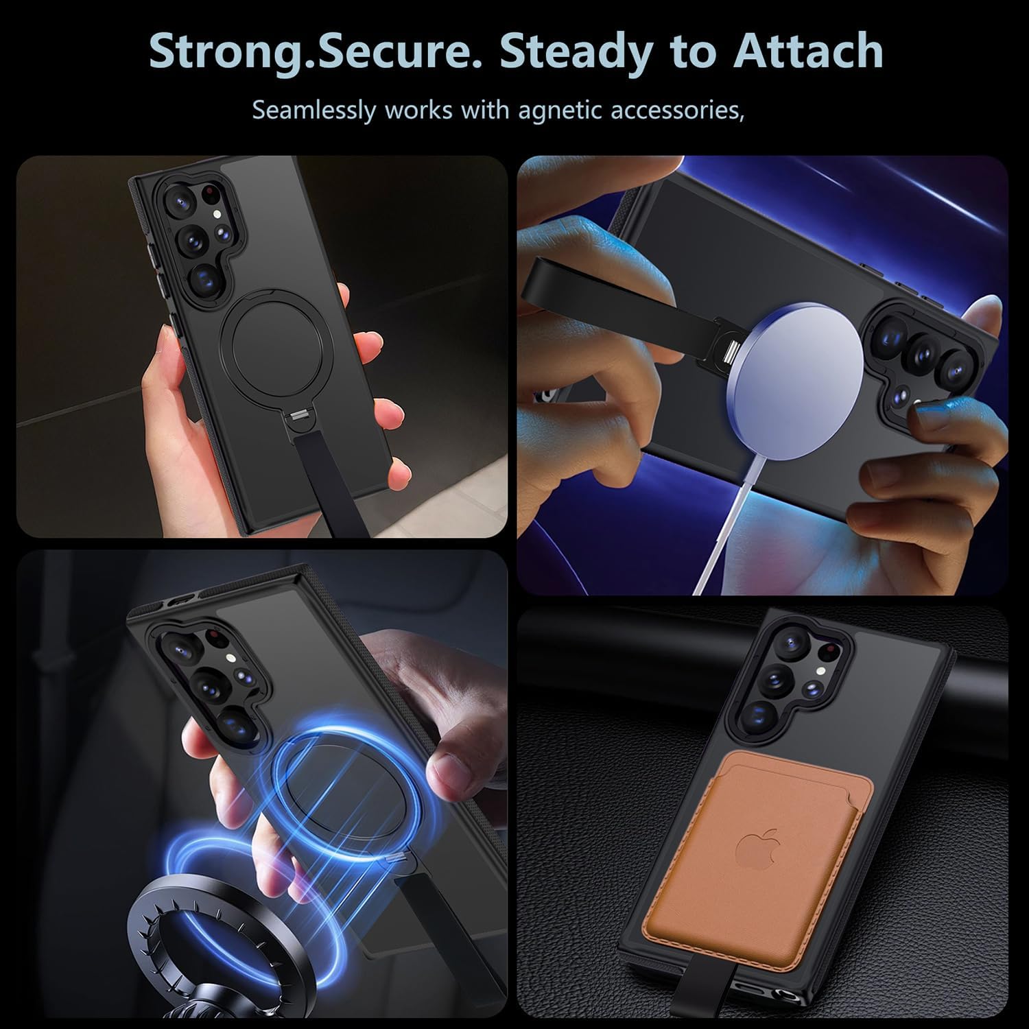 360°Spin Magnetic Stand with Silicone Strap for Samsung Galaxy S22 Ultra Case[Fit for MagSafe], Mil-Grade Shockproof Translucent S22 Ultra Phone Case with Kickstand Rotatable (Black)