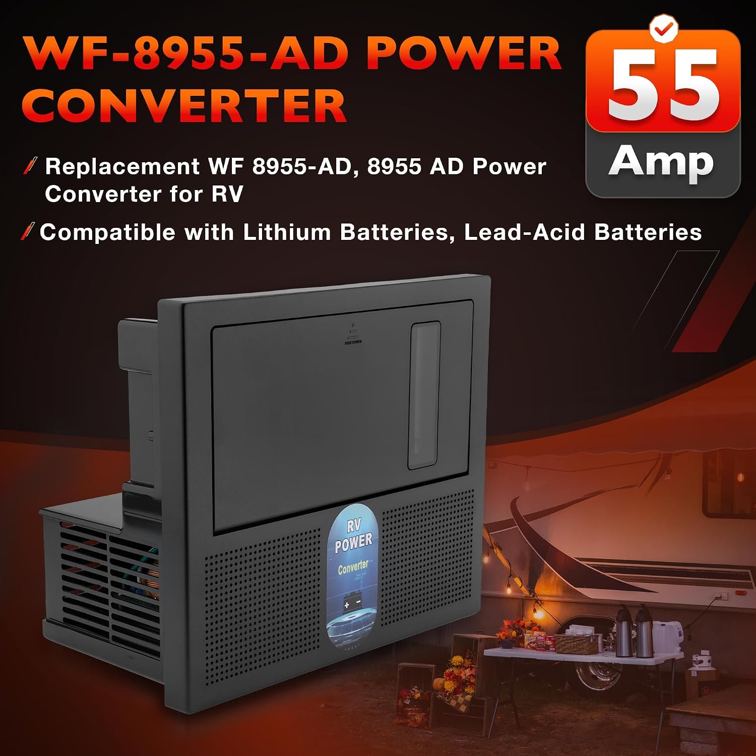 WF-8955-AD 55 Amp RV Power Converter Charger, 120V AC to 12V DC, 3-Stage Smart Charging, Replacement for WF-8955PEC, WF-8955AN, Compatible with Lithium & Lead Acid Batteries, for RV Camper Trailer