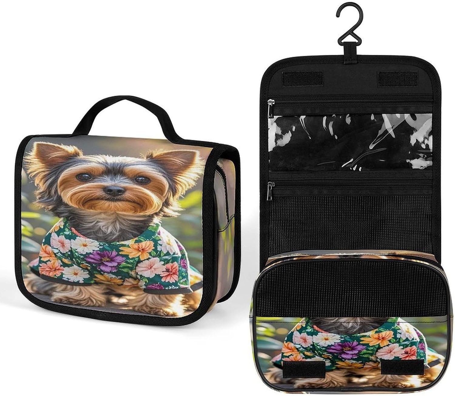 Yorkie Floral Wash Bag Portable Makeup Pouch